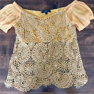Studio F Yellow Crochet Lace Off Shoulder Top Size S